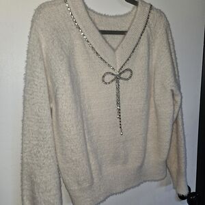 Maurices Cream V-Neck Sweater with Silver Chain Accent